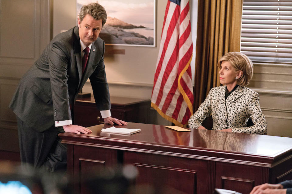 "Henceforth Known as Property"  Ep 104-- Episodic coverage of THE GOOD FIGHT. Pictured (l-r): Matthew Perry as Mike Kresteva, Christine Baranski as Diane Lockhart. Photo: Patrick Harbron/CBS Ã‚Â©2017 CBS Interactive, Inc. All Rights Reserved
