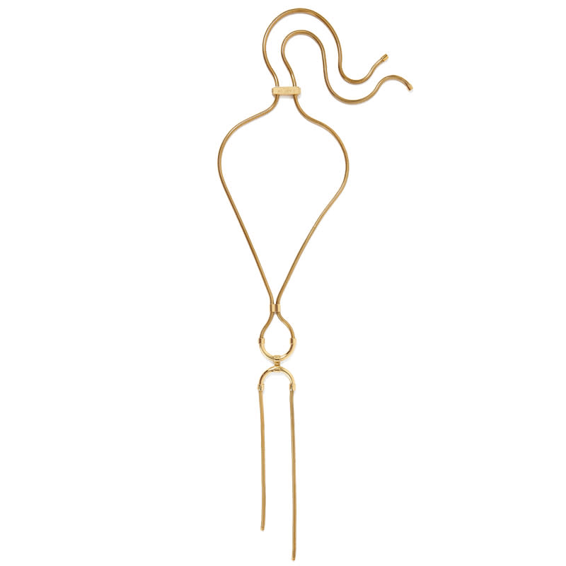 <p>Even though it looks like a traditional lariat, this dangler adjusts from the back. Opt for a choker style or a pendant necklace.</p><p>Buy it <a rel="nofollow noopener" href="https://click.linksynergy.com/fs-bin/click?id=93xLBvPhAeE&subid=0&offerid=535800.1&type=10&tmpid=6894&RD_PARM1=https%3A%2F%2Fwww.net-a-porter.com%2Fus%2Fen%2Fproduct%2F730497%2FLanvin%2Falida-gold-plated-necklace&u1=IS%2CFAS%2CGAL%2C16Must-HaveAdjustablePiecesofJewelry%28You%27llWantEveryOne%29%2Clwilliams0264%2C201610%2CT" target="_blank" data-ylk="slk:here;elm:context_link;itc:0;sec:content-canvas" class="link ">here</a> for $955.</p>