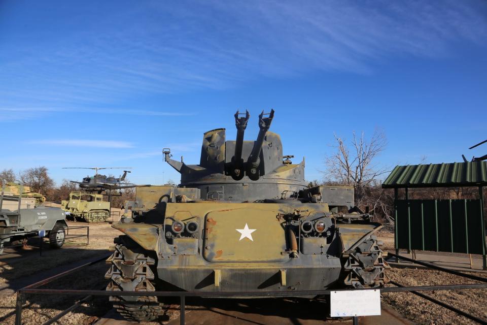Thunderbird Park at the 45th Infantry Division Museum in Oklahoma City displays military equipment, including wheeled vehicles, full track vehicles, tanks, aircraft and large guns.