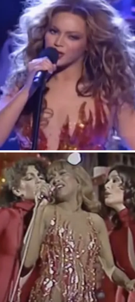 Beyoncé honoring Tina Turner at Kennedy Center; Turner performing in same dress in the '70s