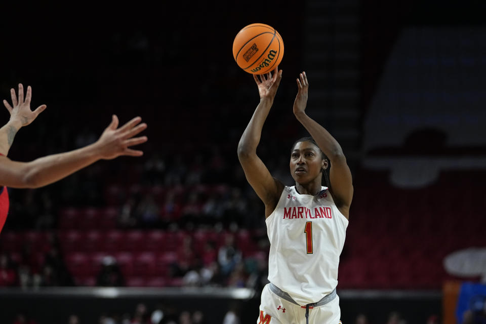 Maryland guard Diamond Miller shoots against Arizona during the second half of a second-round college basketball game in the NCAA Tournament, Sunday, March 19, 2023, in College Park, Md. Maryland won 77-64. (AP Photo/Julio Cortez)