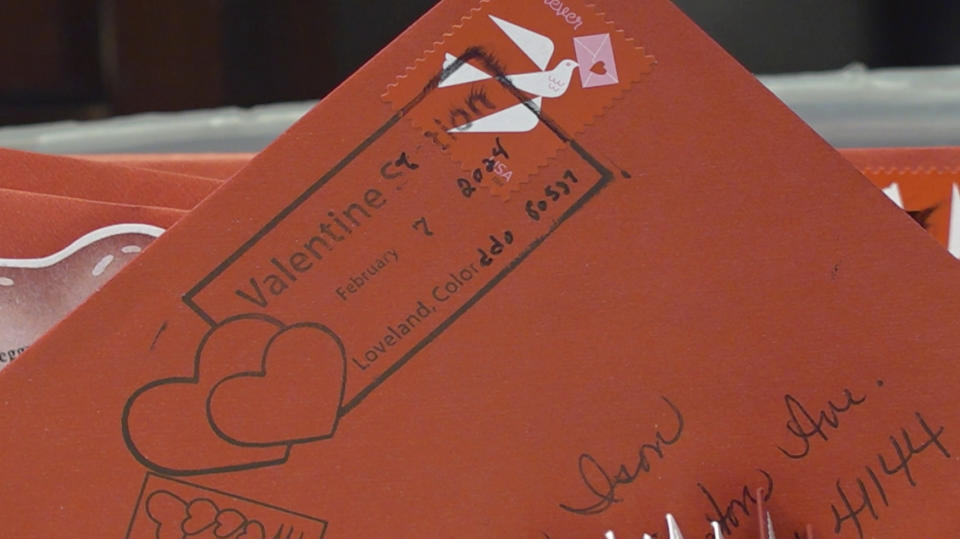 A special cancellation postmark is seen on a Valentine’s Day card in Loveland, Colo., on Wednesday, Feb. 7, 2024. Every year, tens of thousands of people from around the world route their Valentine’s Day cards to the “Sweetheart City” to get an inscription and the coveted Loveland postmark. The re-mailing tradition has been going on for nearly 80 years and is the largest of its kind in the world. (AP Photo/Thomas Peipert)