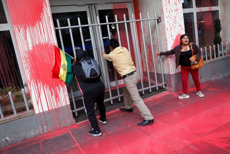 The Economics Ministry building is seen splattered with paint during a protest against Bolivia's President Evo Morales in La Paz