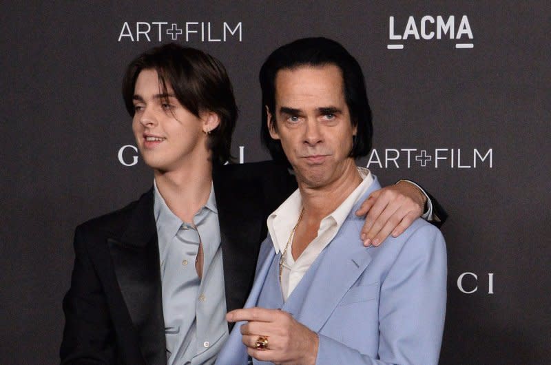 Nick Cave (R) and son Earl Cave attend the LACMA Art+Film gala in 2019. File Photo by Jim Ruymen/UPI