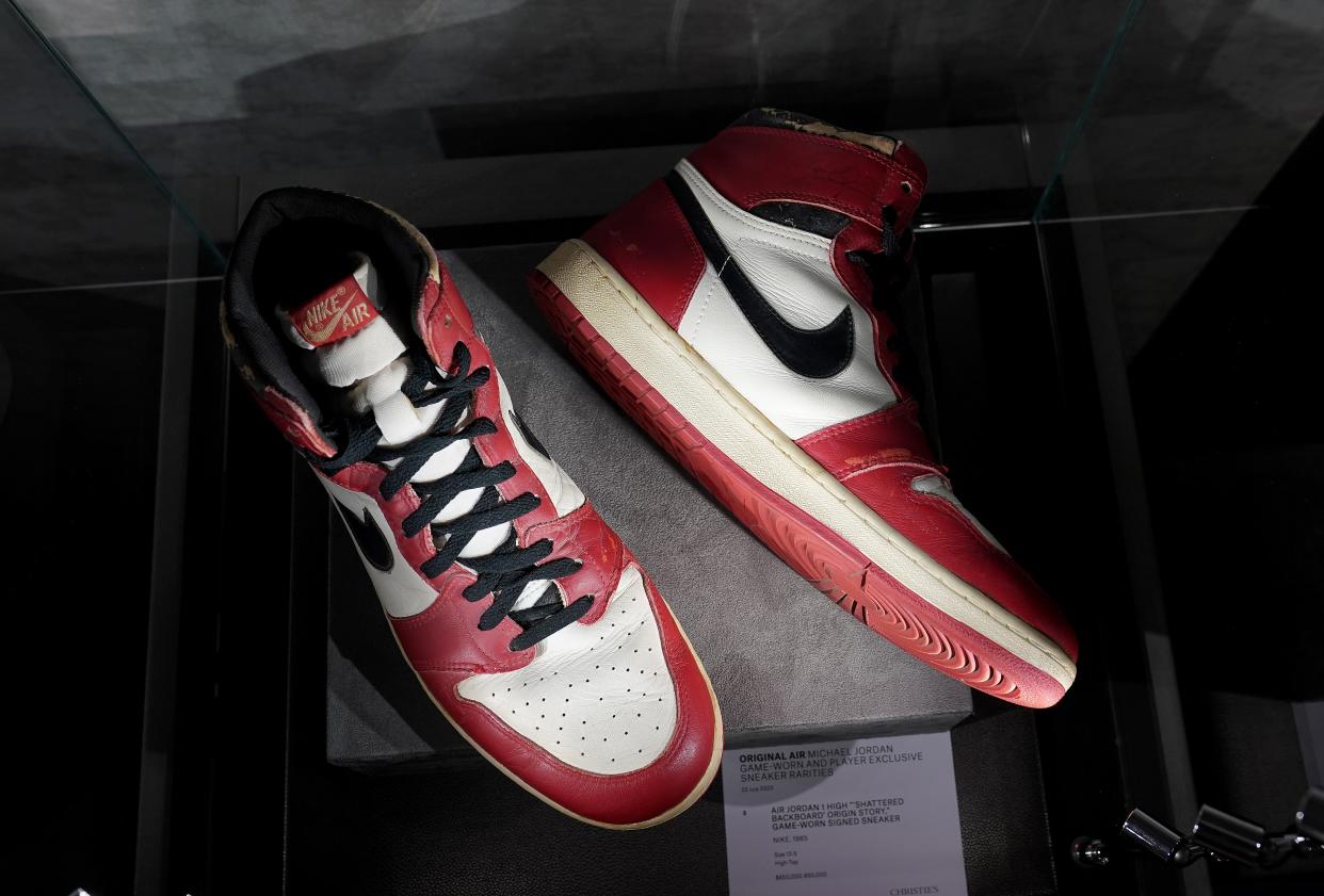 The  Air Jordan 1 High Shattered Backboard Origin Story, Game-Worn Signed Sneaker Nike, 1985 Size 13.5 High-Top on display during a press preview July 24, 2020 at Christie's New York. - Christies and Stadium Goods have partnered to offer a unique sneaker overview of Michael Jordans era-defining Chicago Bulls career. The auction  is online only 30 July13 August. (Photo by TIMOTHY A. CLARY / AFP) (Photo by TIMOTHY A. CLARY/AFP via Getty Images)