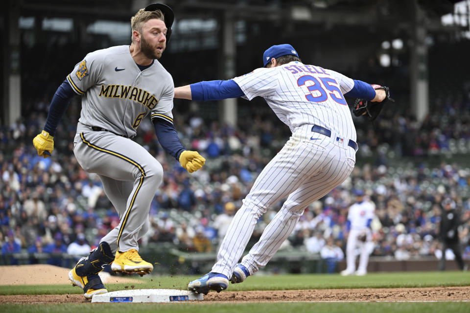Milwaukee Brewers Owen Miller (6) is forced out at first base as Chicago Cubs starting pitcher Justin Steele (35) makes the play during the third inning of a baseball game Saturday, April 1, 2023, in Chicago. (AP Photo/Quinn Harris)