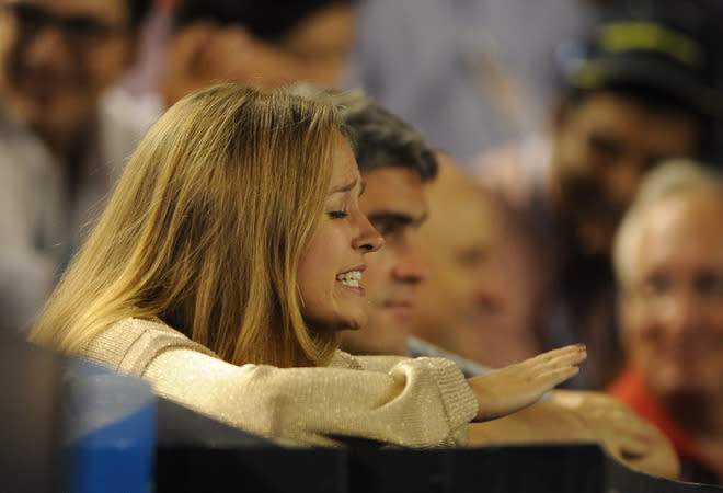 Kim Sears, Girlfriend Of Andy Murray Of Britain Gestures AFP/Getty Images