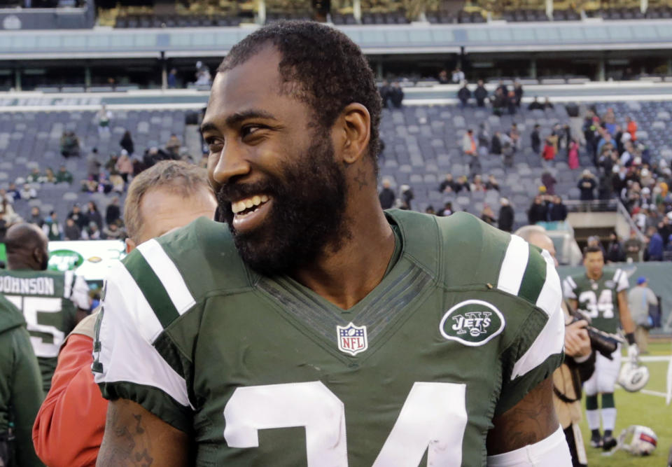 FILE - New York Jets cornerback Darrelle Revis walks on the field after an NFL football game against the Buffalo Bills in East Rutherford, N.J., Jan. 1, 2017. Revis is in the conversation about greatest cornerbacks in NFL history especially after his 2009 season during which he shut down the likes of Randy Moss, Chad Johnson, Andre Johnson, Steve Smith, Terrell Owens, Reggie Wayne and Roddy White. (AP Photo/Seth Wenig, File)