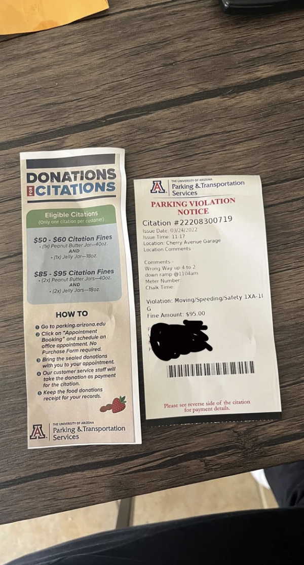 Two parking citations with violation details visible, one labeled 'Donations & Citations', the other from a university