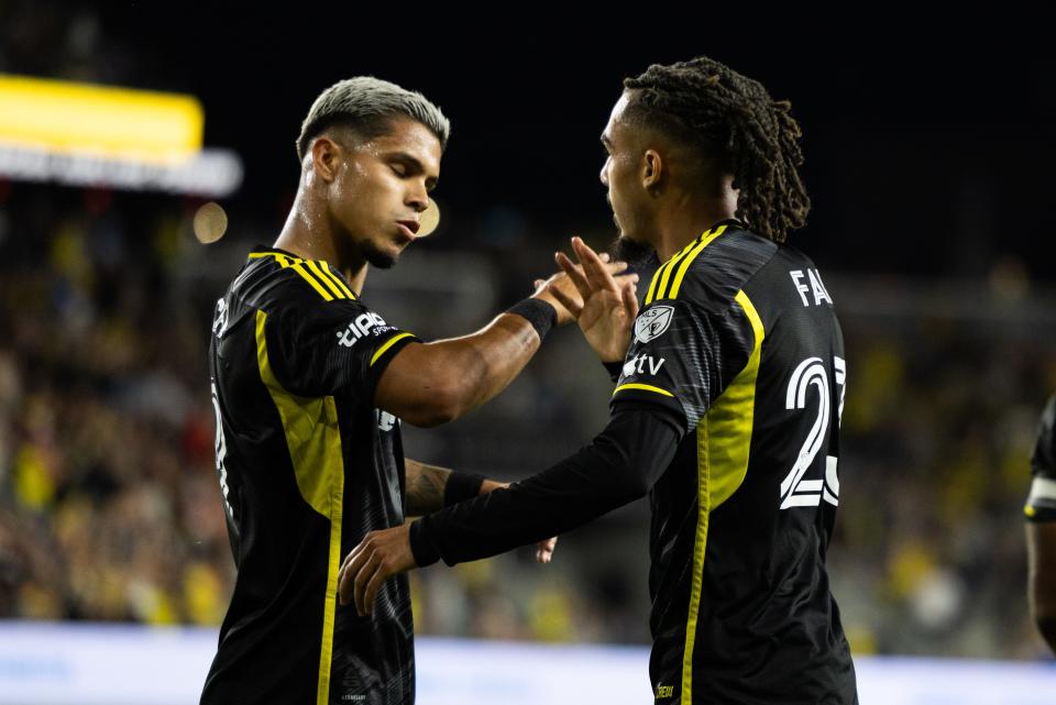 Oct 5, 2024; Columbus, Ohio, USA; Columbus Crew defender Mohamed Farsi (23) celebrates his goal with teammates first half against the Philadelphia Union at Lower.com Field. Mandatory Credit: Trevor Ruszkowski-Imagn Images