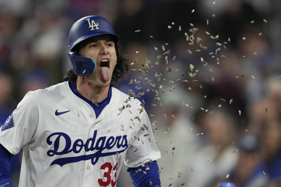 Los Angeles Dodgers' James Outman celebrates after hitting a home run during the second inning of a baseball game against the Miami Marlins in Los Angeles, Monday, May 6, 2024. Gavin Lux also scored. (AP Photo/Ashley Landis)