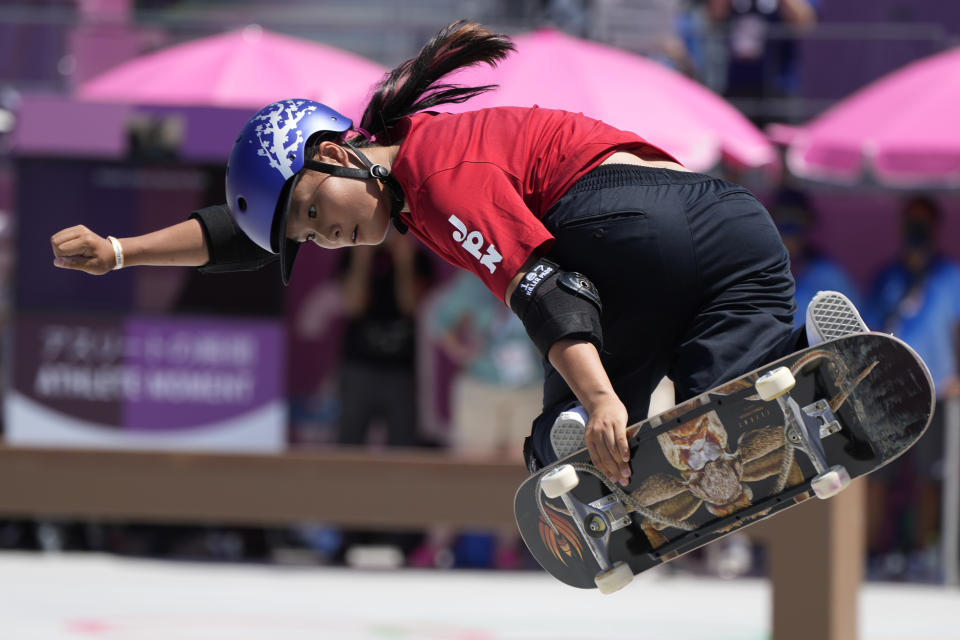 Sakura Yosozumi of Japan competes in the women's park skateboarding finals at the 2020 Summer Olympics, Wednesday, Aug. 4, 2021, in Tokyo, Japan. (AP Photo/Ben Curtis)