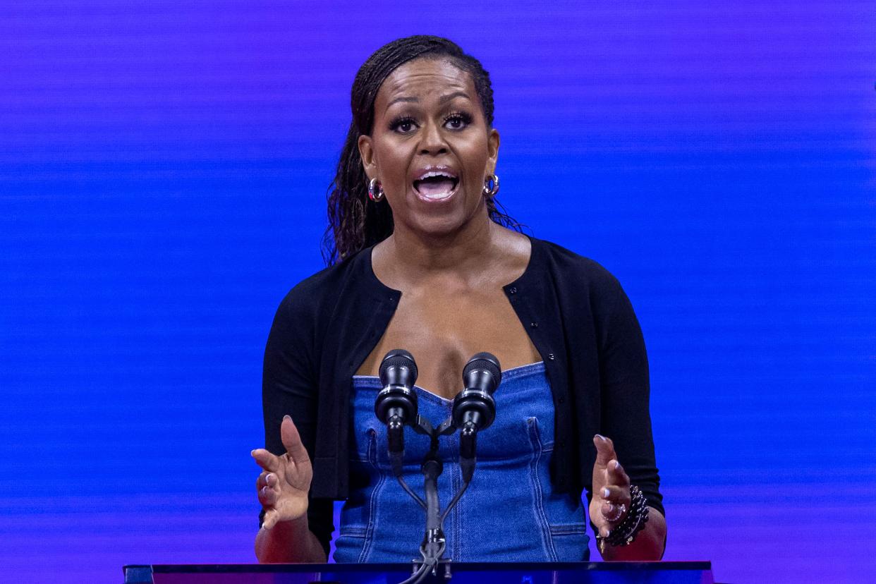 Former first lady Michelle Obama speaks during the opening night ceremony of the U.S. Open in New York City i =n 2023. 