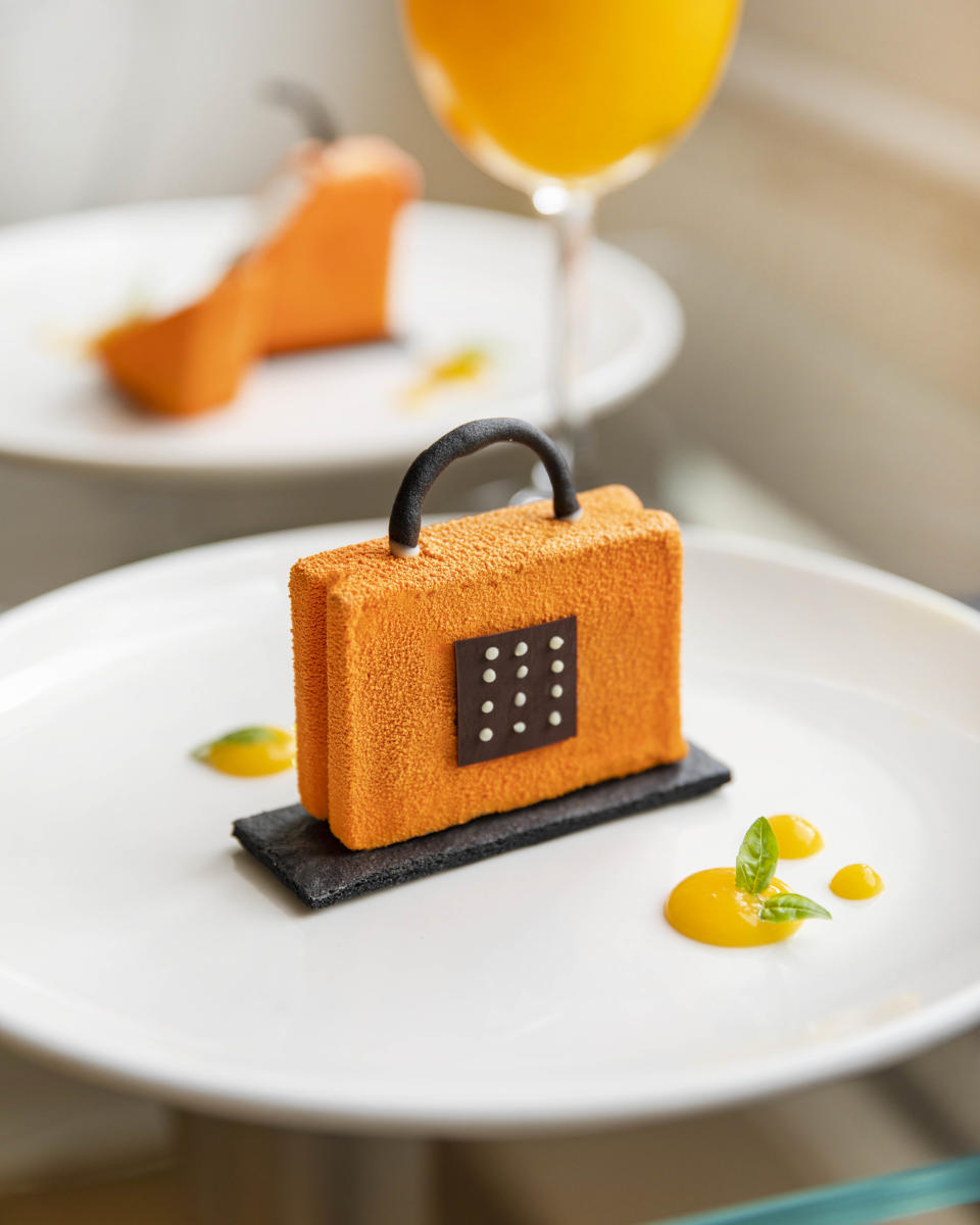 A cake shaped like Le Bon Marché's signature shopping bag available at the Paris department store's Primo Piano restaurant. 