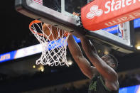 New Orleans Pelicans forward Zion Williamson (1) scores against the Atlanta Hawks during the first half of an NBA basketball game Sunday, March 10, 2024, in Atlanta. (AP Photo/John Bazemore)