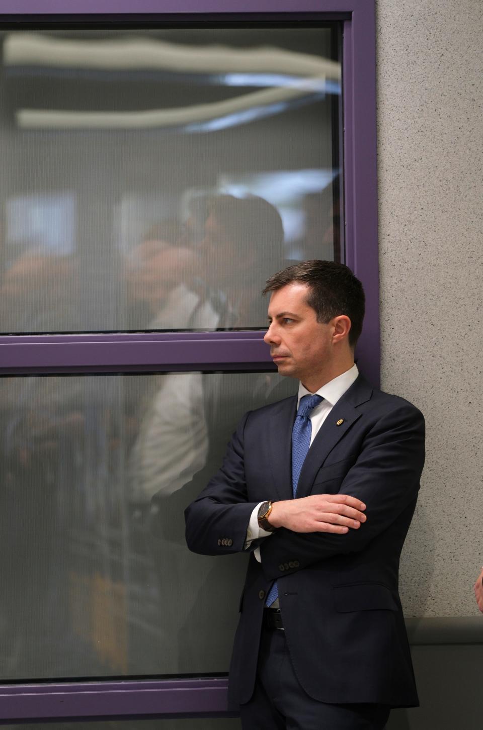 U.S. Transportation Secretary Pete Buttigieg tours the Mike Monroney Aeronautical Center and speaks with air traffic controller trainees on Thursday.