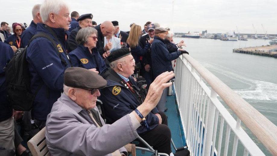 D-Day veterans gather on the deck of the Mont St Michel