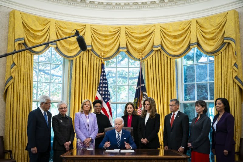 President Joe Biden speaks before signing a memorandum establishing the White House Initiative on Women's Health Research while in the Oval Office of the White House in Washington, D.C., on Monday. Photo by Al Drago/UPI