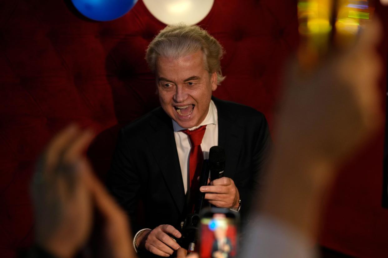 Geert Wilders, leader of the Party for Freedom, known as PVV, reacts to first preliminary results of general elections in The Hague, Netherlands, Wednesday, Nov. 22, 2023. (AP Photo/Peter Dejong)