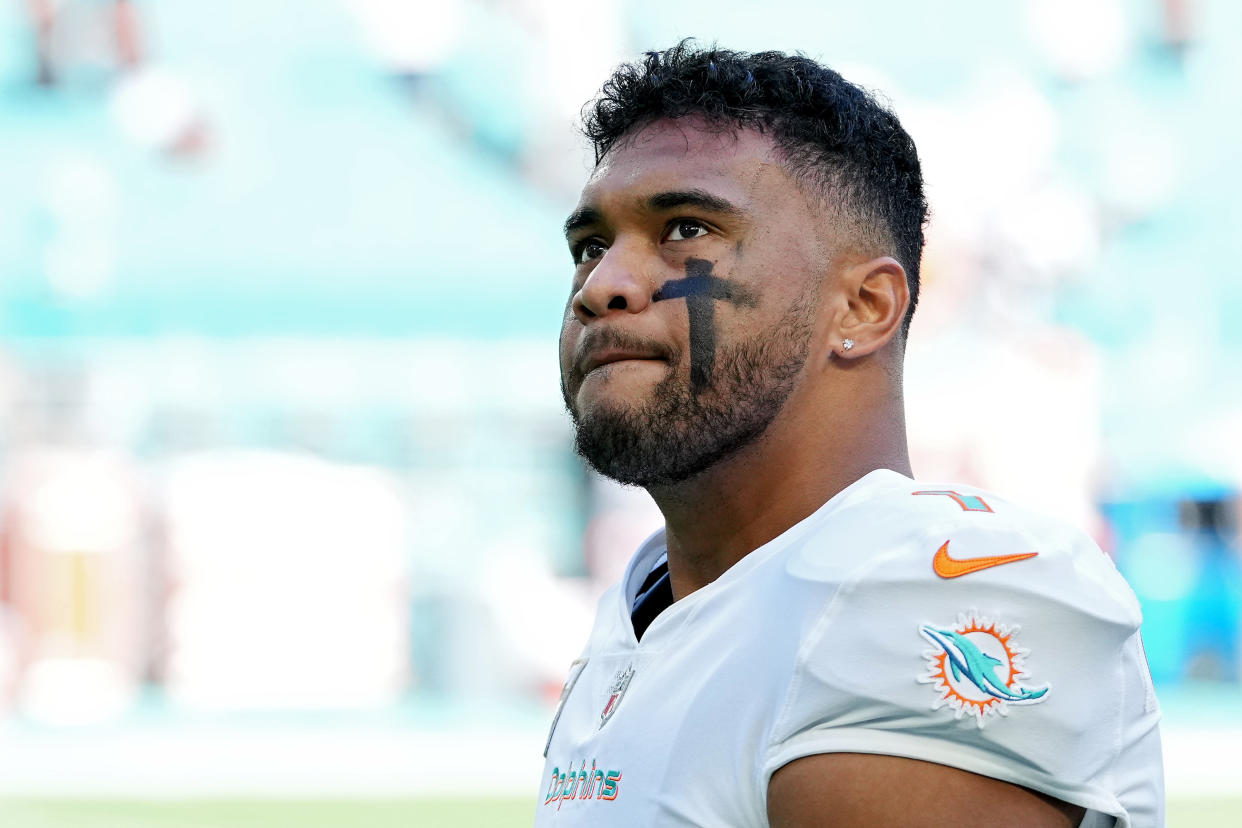 MIAMI GARDENS, FLORIDA - NOVEMBER 13: Tua Tagovailoa #1 of the Miami Dolphins looks on prior to the game against the Cleveland Browns at Hard Rock Stadium on November 13, 2022 in Miami Gardens, Florida. (Photo by Eric Espada/Getty Images)
