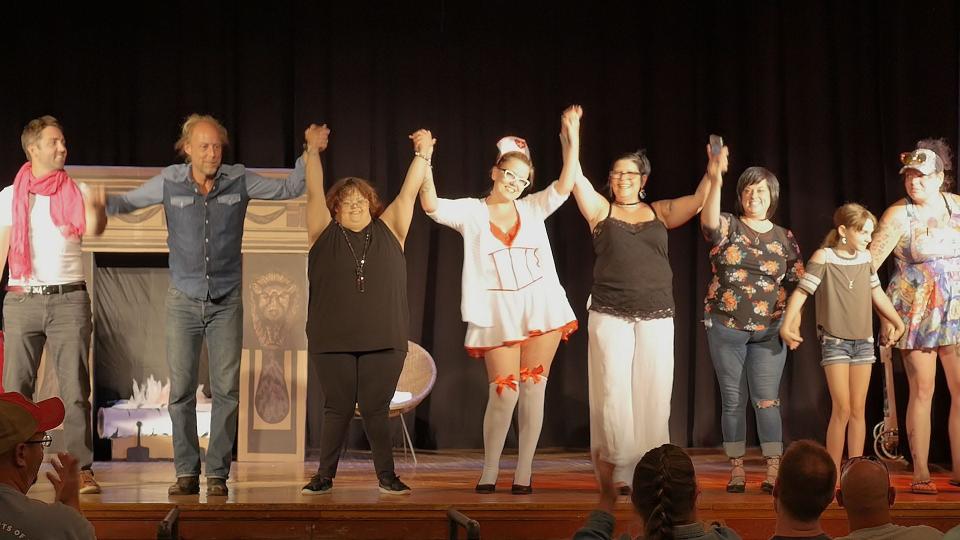 Playwright Jazmine Fairies and her family and friends during curtain call in the sixth season of "The Double Life." Her brother Chad Faries (left) played Matthew McConaughey and director of "Iron Family" Patrick Longstreth played John Travolta.