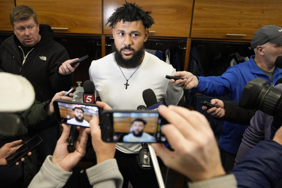 Tennessee Titans outside linebacker Harold Landry III responds to questions from reporters at the NFL football team's training facility, Monday, Jan. 8, 2024, in Nashville, Tenn. (AP Photo/George Walker IV)