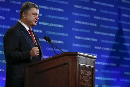 President Petro Poroshenko of Ukraine speaks during a World Leaders Forum at Columbia University in New York, September 29, 2015. REUTERS/Shannon Stapleton