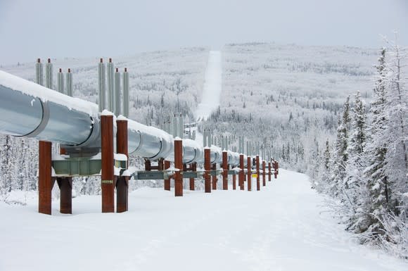 A pipeline covered in snow forged through a forest.