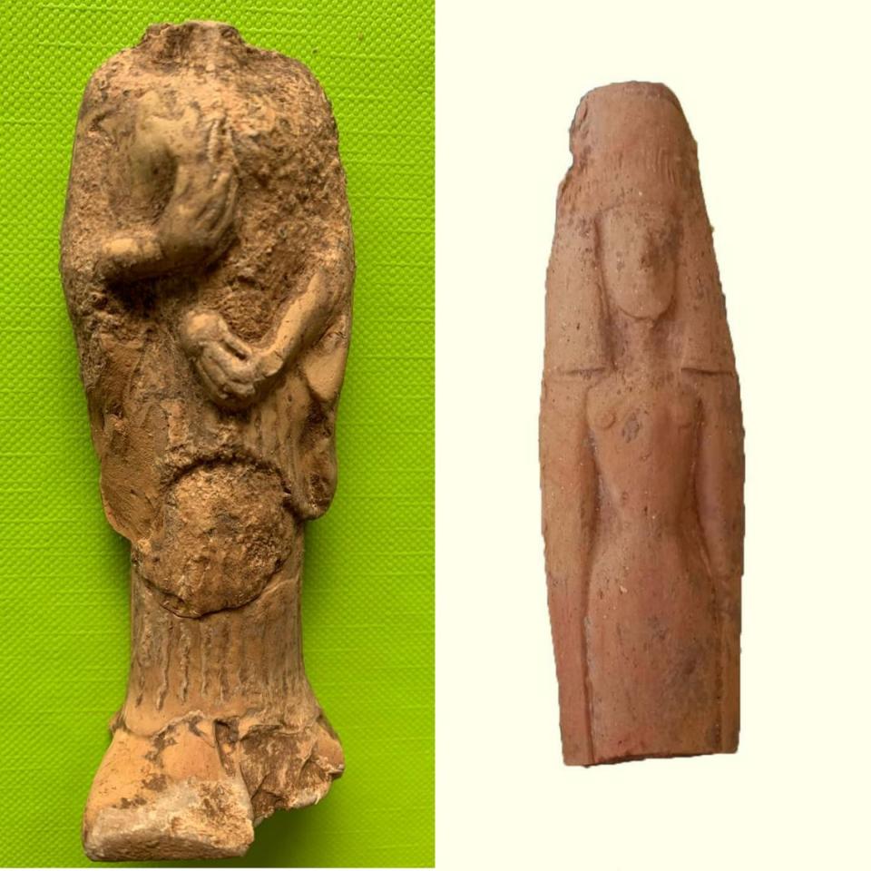 Figuras femeninas de arcilla de alrededor del año 600 a.C. encontradas en el templo.