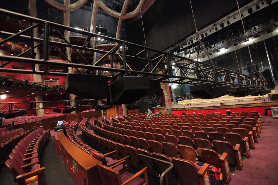 This undated image released by Dolby Laboratories shows trusses prepared with overhead speakers before being lifted into place at the new Dolby Theatre in Los Angeles. The posh 3,400-seat Hollywood & Highland Center home of the Academy Awards is officially christened with a new name and a state-of-the-art audiovisual system that can project 3-D imagery and blast sound from multiple perspectives. (AP Photo/Dolby Laboratories)