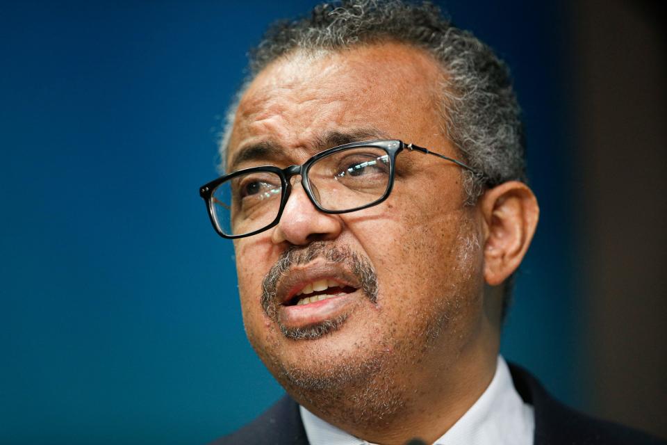 The head of the World Health Organization, Tedros Adhanom Ghebreyesus speaks during a media conference at an EU Africa summit in Brussels on Feb. 18, 2022.