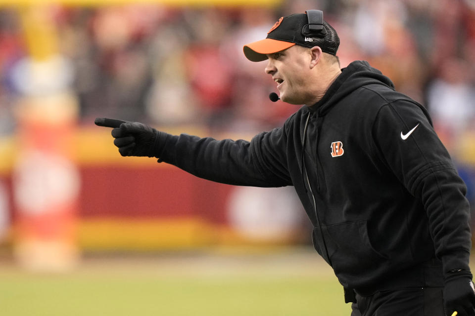 Cincinnati Bengals head coach Zac Taylor is seen on the sidelines during the first half of an NFL football game against the Kansas City Chiefs Sunday, Dec. 31, 2023, in Kansas City, Mo. (AP Photo/Charlie Riedel)