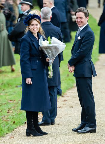 <p>Samir Hussein/WireImage</p> Princess Beatrice and Edoardo Mapelli Mozzi attend the Christmas Day service at St Mary Magdalene Church on Dec. 25, 2023.