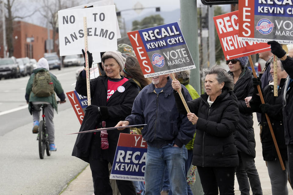 FILE - Demonstrators call for the recall of Shasta County Supervisor Kevin Crye in Redding, Calif., on Tuesday, Feb. 20, 2024. The leaders of a conservative California county known for its failed attempt to hand-count ballots in response to unfounded claims of fraud have hired a new registrar of voters with no experience running elections. (AP Photo/Rich Pedroncelli, File)