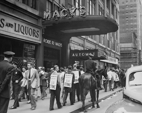 1946 Demonstrators join the picket line protesting outside Macy's department store, after the store sold out its own delivery service to the United Parcel Service (UPS) New York City, New York, 13th July 1946. The picket was in protest at UPS employees belonging to the AFL union while Macy's employees are CIO members. (Photo by Keystone Pictures/FPG/Archive Photos/Hulton Archive/Getty Images)