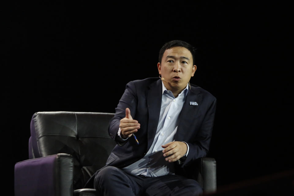 MIAMI, FLORIDA - APRIL 7: Andrew Yang, entrepreneur, activist, and founder of Venture for America, gestures as he speaks during the Bitcoin 2022 Conference at Miami Beach Convention Center on April 7, 2022 in Miami, Florida. The worlds largest bitcoin conference runs from April 6-9, expecting over 30,000 people in attendance and over 7 million live stream viewers worldwide.(Photo by Marco Bello/Getty Images)
