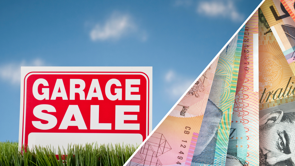 Pictured: Garage sale image and Australian cash fine. Images: Getty