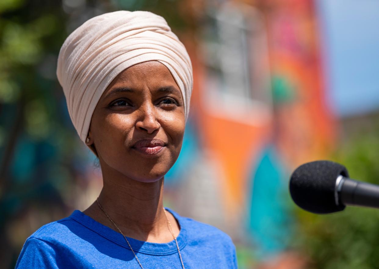 Donald Trump falsely accused Ilhan Omar of entering the US illegally and marrying her own brother in a wild campaign speech. (Photo by Stephen Maturen/Getty Images)