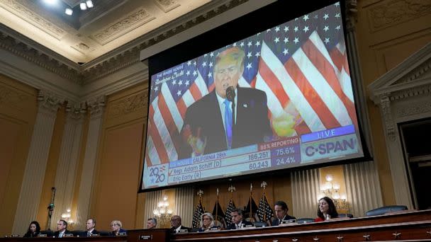 PHOTO: Former President Donald Trump is shown on a screen as the House select committee investigating the Jan. 6 attack on the U.S. Capitol holds a hearing, on Capitol Hill in Washington, Oct. 13, 2022. (J. Scott Applewhite/AP, FILE)