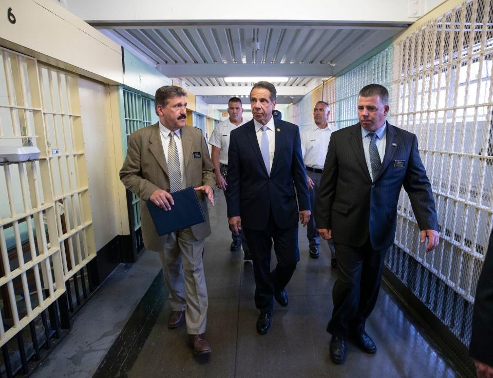In this 2018 file photo, Gov. Andrew M.Cuomo tours the Great Meadow Correctional Facility in Comstock, Washington County. In March 2020, the prison's inmates began producing hand sanitizer there amid a coronavirus outbreak.