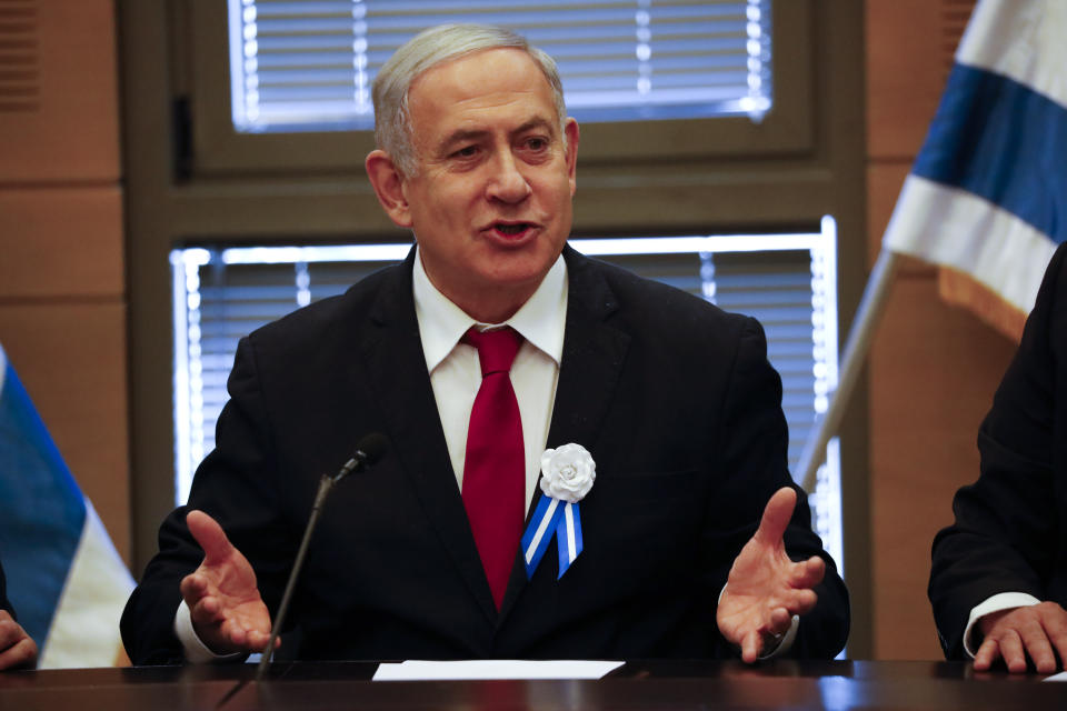 Israeli Prime Minister Benjamin Netanyahu speaks during his party's faction meeting in Jerusalem, Thursday., Oct. 3, 2019, ahead of swearing-in of the new Israel's parliament. (AP Photo/Ariel Schalit)