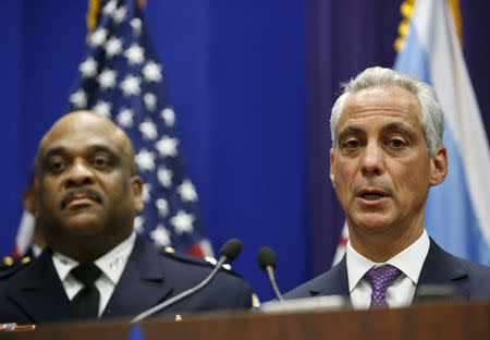 FILE PHOTO: Chicago Mayor Rahm Emanuel announces the appointment of Eddie Johnson (L) as the Interim Superintendent of the Chicago Police Department during a news conference in Chicago, Illinois, U.S., March 28, 2016. REUTERS/Kamil Krzaczynski/File Photo