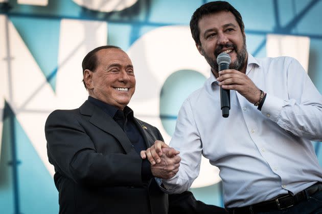 From left, Silvio Berlusconi, and Matteo Salvini addresse a rally in Rome, Saturday, Oct. 19, 2019. Thousands of protesters are gathering in Rome for a so-called "Italian Pride" rally, which brings together the right-wing League of Salvini, the far-right Brothers of Italy of Giorgia Meloni and former premier Silvio Berlusconi's Forza Italia. on October 19, 2019 in Rome, Italy. (Photo by Andrea Ronchini/NurPhoto via Getty Images) (Photo: NurPhoto via NurPhoto via Getty Images)