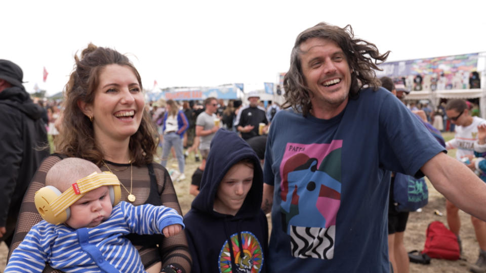 Ten-week-old Finlay (bottom left) with (left to right) his mother Rosie, sister Sofia and father Tom at Glastonbury