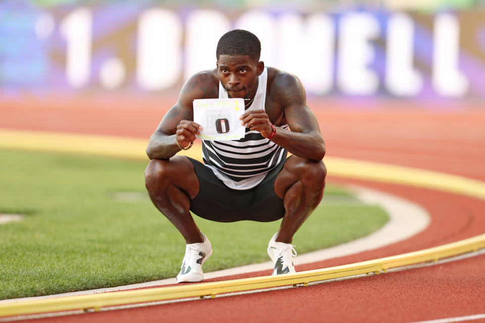 Trayvon Bromell (pictured) reacts after winning the Men's 100 Meter Final on day three of the 2020 US Olympic Track & Field Team Trials.