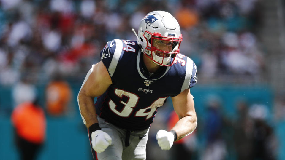 New England Patriots running back Rex Burkhead (34) runs during the second half at an NFL football game against the Miami Dolphins, Sunday, Sept. 15, 2019, in Miami Gardens, Fla. (AP Photo/Brynn Anderson)