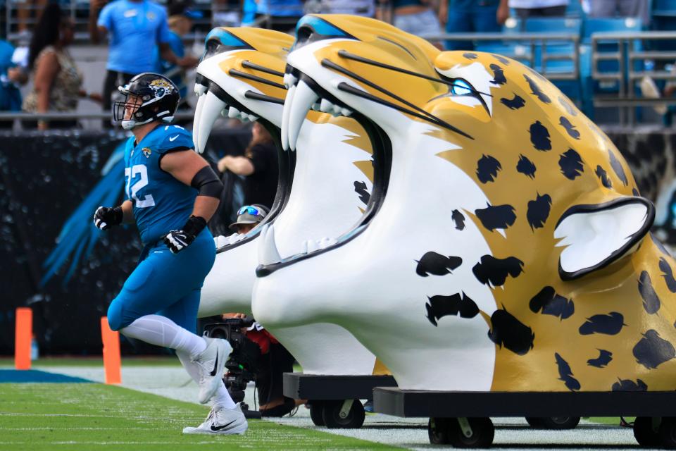 Jacksonville Jaguars offensive tackle Walker Little (72) is introduced before a NFL football game Sunday, Sept. 17, 2023 at EverBank Stadium in Jacksonville, Fla. The Kansas City Chiefs defeated the Jacksonville Jaguars 17-9. [Corey Perrine/Florida Times-Union]