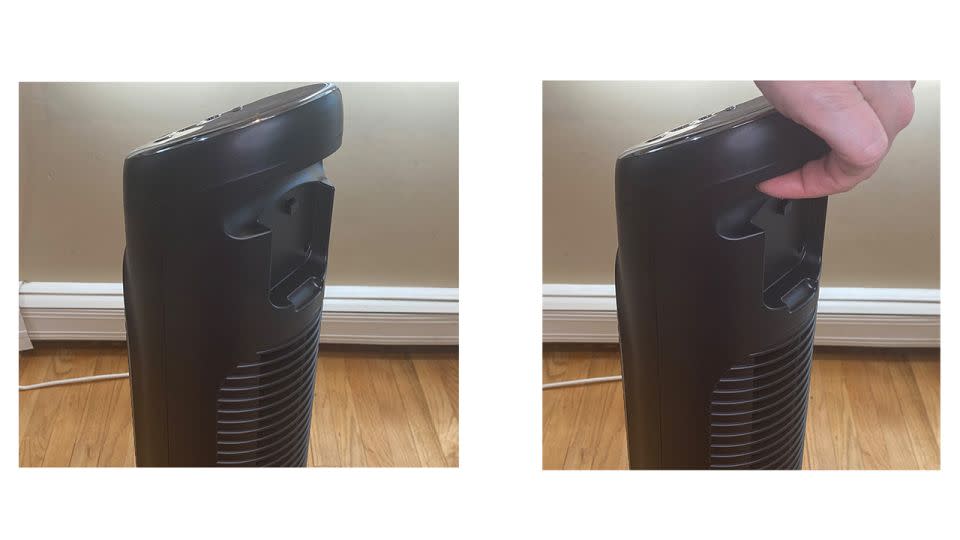 The carrying handle of the Honeywell QuietSet tower fan is shallow, meaning that one's fingers don't necessarily get in deep for a tight grip on the fan before moving it. - Suzanne Kattau/CNN Underscored