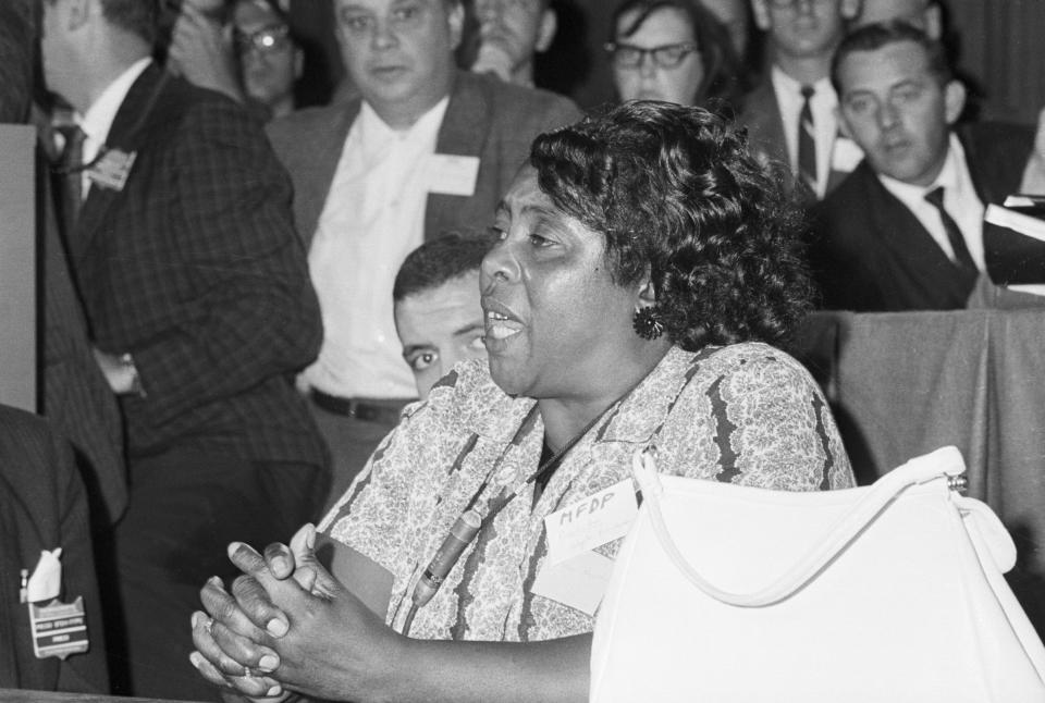 Mississippi Freedom Democratic Party delegate Fannie Lou Hamer speaks out for the meeting of her delegates at a credential meeting prior to the formal meeting of the Democratic National Convention. | Bettmann/Getty Images