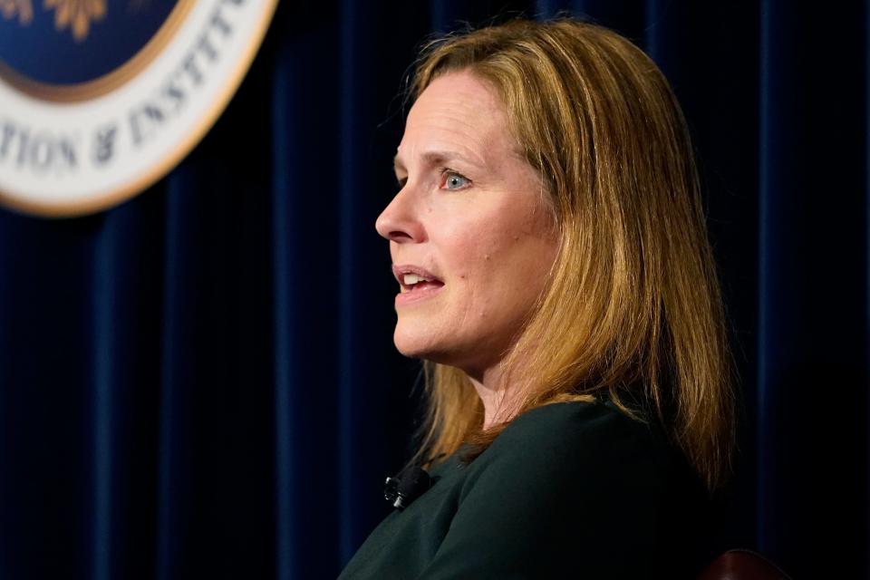 Associate Justice Amy Coney Barrett speaks at the Ronald Reagan Presidential Library Foundation in Simi Valley, Calif., April 4, 2022.